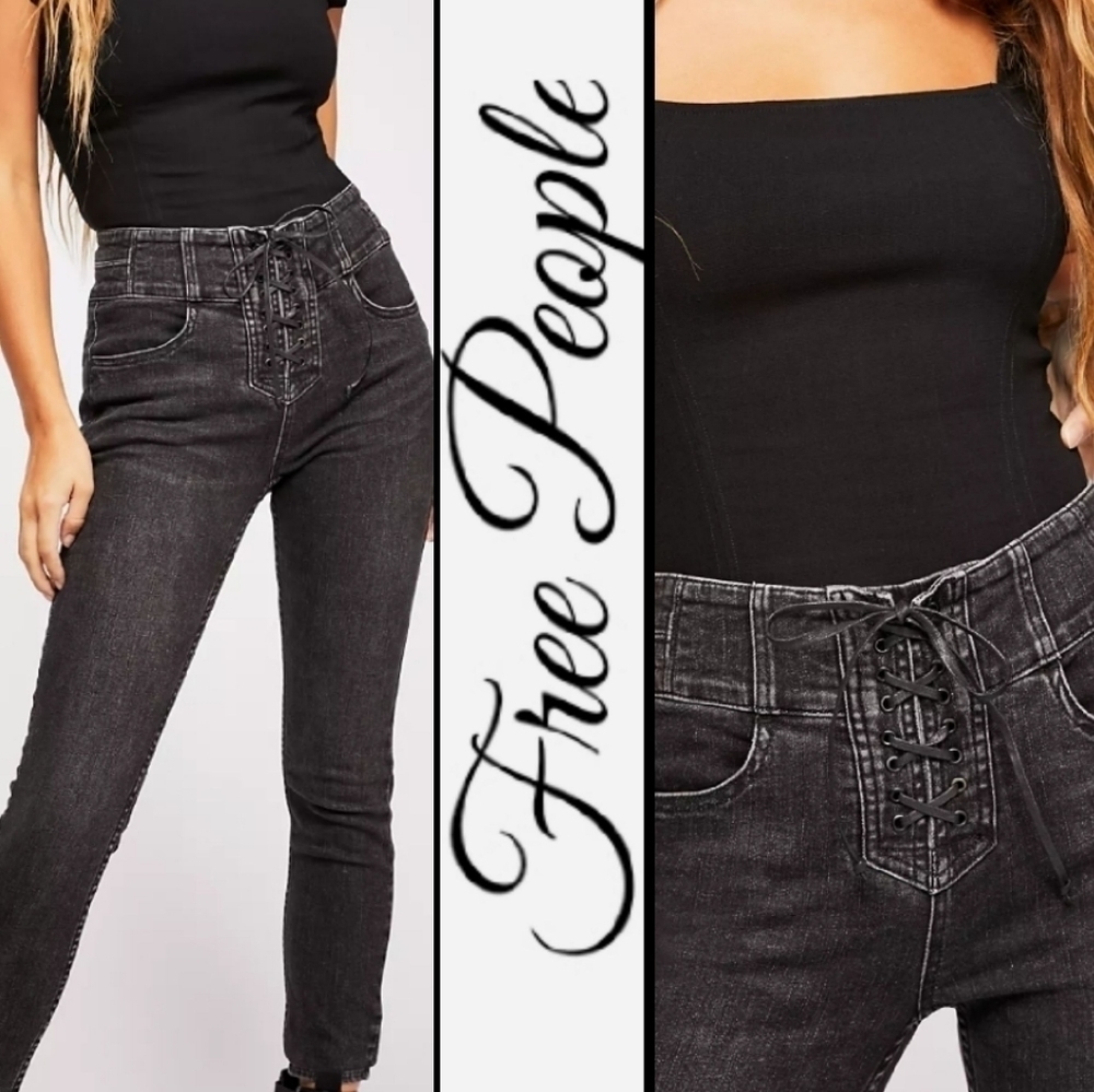 NEW! FREE PEOPLE Black Curvy High Rise Lace Up Denim Jeans With Stretch Size 34.